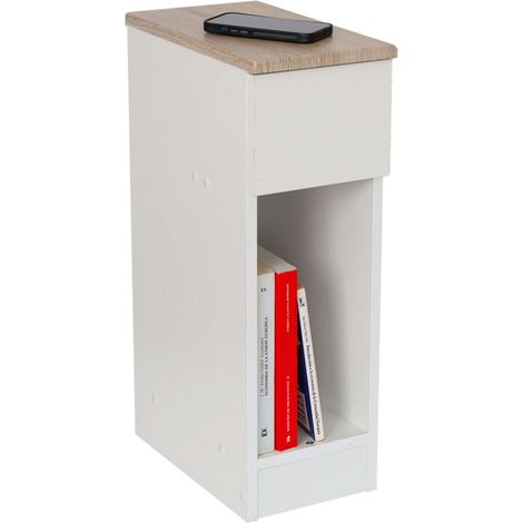 Mesita de Noche Slim para Dormitorio Estilo Nórdico en Color Blanco y Roble Claro 1 Cajón y 1 Hueco 60x35x24 cm
