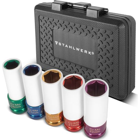 STAHLWERK Set di chiavi a percussione con attacco da 1/2" - 5 bussole da 15, 17, 19, 21 e 22 mm, per un facile cambio delle ruote, Cr-Mo, bussole per cerchi in alluminio con protezione del cerchio
