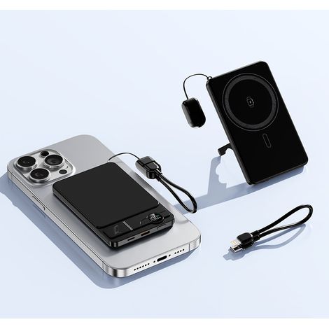 Batterie externe magnétique, charge rapide 15 W, chargeur sans fil multifonction 3 en 1, ultra-mince, affichage du niveau de batterie (noir) (1/5)