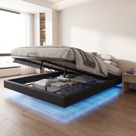 Lit coffre double 160x200 cm avec LED, lit capitonné design suspendu, Noir (1/5)