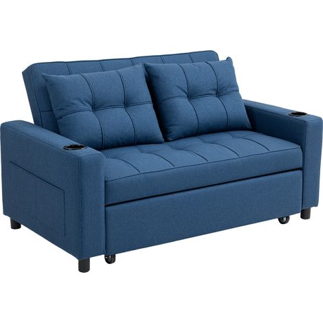 HOMCOM 2 Seater Pull Out Sofa Bed with Pockets for Living Room, Dark Blue (1/5)