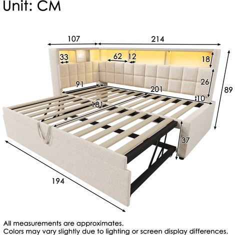 Lit capitonné en lin 90x200 cm avec lit gigogne 90x190 cm, éclairage LED, enceinte Bluetooth, ports de chargement USB et Type-C, tête de lit en L avec étagère de rangement, canapé-lit/lit d'appoint, b (1/4)