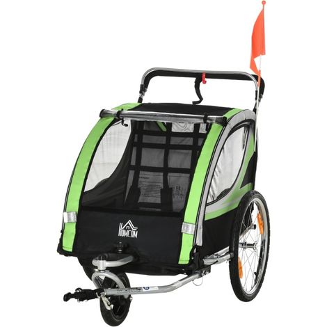 Remolque de bicicleta 2 en 1 para 2 niños con función de empuje, freno y cubierta antilluvia, verde (1/5)