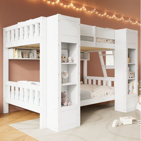 Lit superposé 90x200 cm blanc avec 2 rangements frontaux, étagère suspendue et échelle réversible (1/5)