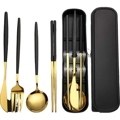 Ensemble de couverts en acier inoxydable (avec étui de rangement) — Set de 4 ustensiles portables et réutilisables pour le camping et les voyages (Noir) (1/5)