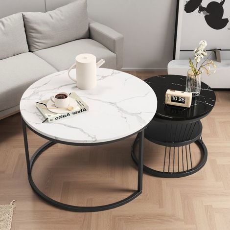 Couchtisch - Marmor und Metallbeine - Beistelltisch - Wohnzimmertisch - modern - D 70/45 x H 45/40 cm - Schwarz und Weiß