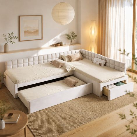L-Bett 90x200 cm mit Ausziehbett, Schubladen und beigem Stoffbezug HAVRYA (1/5)