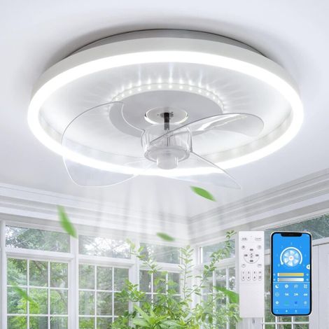 Deckenventilator mit Licht, dimmbare LED-Deckenleuchte mit Ventilator und App-Fernbedienung, 6 Geschwindigkeitsstufen, 32 W, weißer, runder, leiser Deckenventilator mit Lampe für Schlaf- und Wohnzimme (1/4)