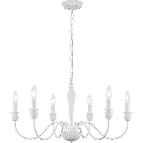 White Chandelier, 6 Lights Vintage Pendant Light Ceiling Light Rustique Lustre Plafonnier Blanc pour Salon Chambre Cuisine Salle à Manger Couloir,Hauteur Réglable,Sans Ampoules E14 (1/5)
