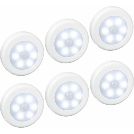 GROOFOO (6 Pack) Lampes LED à Détecteur, Lampe Détecteur de Mouvement, Lampe de Placard, Alimenté par Batterie (non Inclus), Lampe LED pour Escalier, Armoires, Placards, Facilité d'installation (Blanc (1/4)
