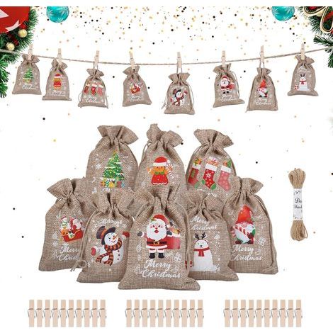Lot de 24 sacs en toile de jute pour calendrier de l'Avent, 10 x 15 cm Sac en jute Petit Sac de Saint-Nicolas Sac en tissu avec cordon de serrage avec 30 pinces en bois et 10 m de corde de (1/5)