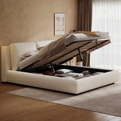 Lit double coffre hydraulique 160x200 cm beige tissu bouclé tête capitonnée réglable sommier lattes grand rangement chambre adulte (sans Matelas) (1/5)
