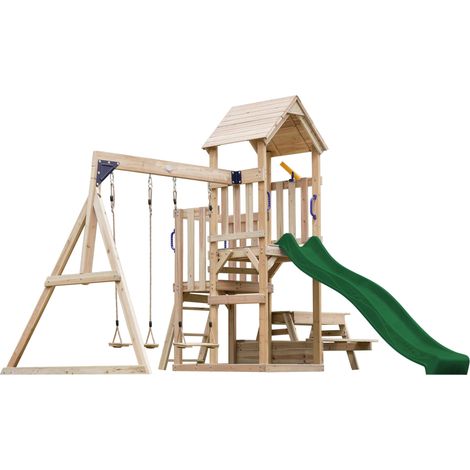 Axi Mette Aire De Jeux En Bois Avec 2 Balançoires, Toboggan Vert, Table De Pique Nique / Aire De Jeux Extérieur Avec Balançoires/ Bac À Sable/Téléscope Portique Balançoire/Jeux En Bois Extérieur