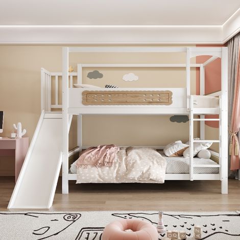 Etagenbett Kinderbett 90x200 cm mit Rutsche und Rausfallschutz, Hausbett aus Holz mit breiter Sicherheitsleiter, Weiß und Holzfarbe (1/5)