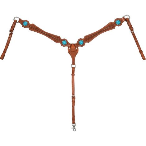 Pettorale western in cuoio decorato con pietre blu e fibbie in acciaio