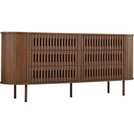 Credenza 160x40x70 cm con 6 cassetti, design a lamelle, MDF, gambe in metallo, colore noce (1/5)