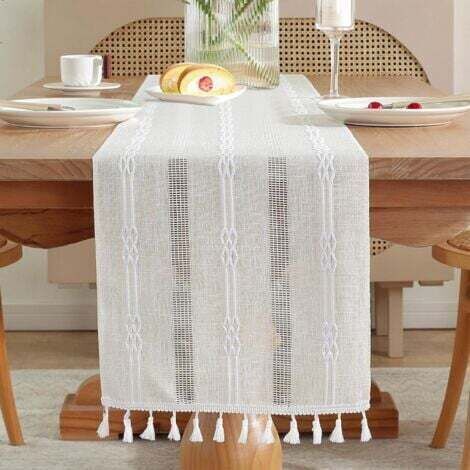Broderie Lin Chemin de Table Intérieur Extérieur Ferme Style Café Chemin de Table 183cm avec Glands à la Main pour Pique- Mariage 33x183CM-Beige