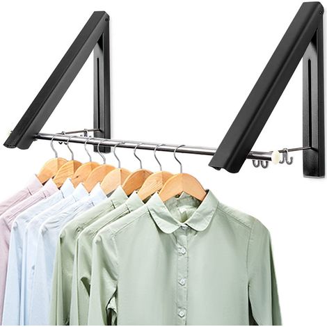 Cintre mural pliable 2 pièces en aluminium - Organisateur vêtements avec crochets, gain de place pour salon, chambre, salle de bains, balcon, intérieur (Noir)