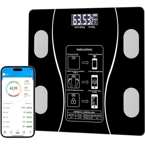 Balance corporelle intelligente, une balance numérique simple et pratique qui peut être connectée à une balance de salle de bain numérique mobile pour afficher l'IMC, la graisse corporelle (noir) (1/5)