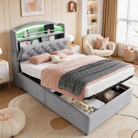 Letto singolo per bambini 90x200 cm con contenitore, LED e USB grigio FloraGrace (1/5)
