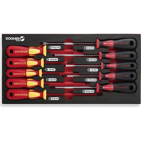 Gemischt kombinierbares Tablett mit 10 Schraubendrehern, Profi und VDE  DOGHER 330-084