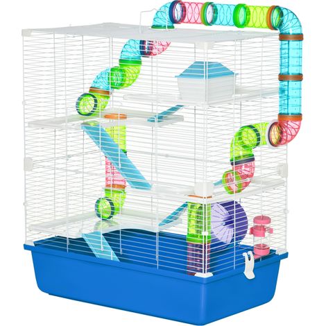 Cage hamster 5 niveaux avec tubes, maison, réservoir, roue acier PP PS 59x36x69 cm bleu blanc