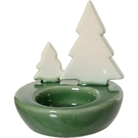 Weihnachtsteelichthalter Tannenbäume Grün/Weiß Ø 8,5 x 9 cm - Porzellan