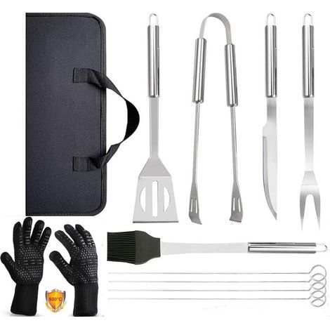 Kit Barbecue 9 Pièces en Acier Inoxydable avec Gants Résistants à 800°C (1472°F) - Ustensiles de Cuisine pour Grillade, Camping, Cadeau Homme Sac Transport Inclus