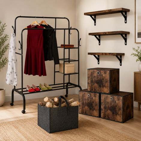 Conjunto de armario móvil (4 piezas): perchero con ruedas, estantes de pared, cesta de fieltro y cubos de tela (1/5)
