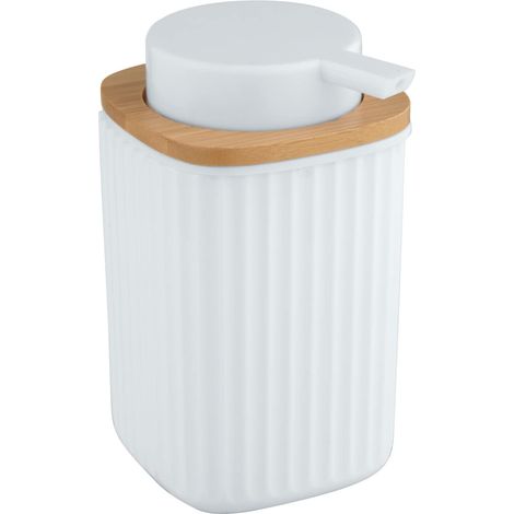 Distributeur de savon Rotello, contenance 250 ml, rechargeable, en plastique avec décoration en bambou, convient également pour du liquide vaisselle, 8,9 x 12,7 x 7,5 cm, blanc/couleur naturelle (1/5)