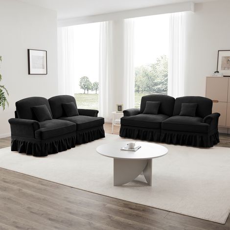 Divano modulare 2 in 1 nero, tessuto in ciniglia con gonna arricciata rimovibile, set di divani versatile per soggiorno, comodo divano a 4 posti