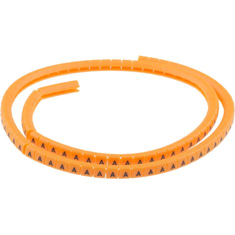 Repère câble à pression , Ø câble 3 3.4mm, texte : A, Noir sur Orange ( Prix pour Bobine de 100 )
