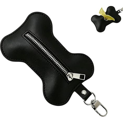 Distributeur Sac a Crottes Chien en Cuir PU, sac poubelle chien, porte sac a crottes chien en Forme d'Os avec Mousqueton, Accessoire de Promenade Pratique pour Laisse et Harnais, Noir (1/5)