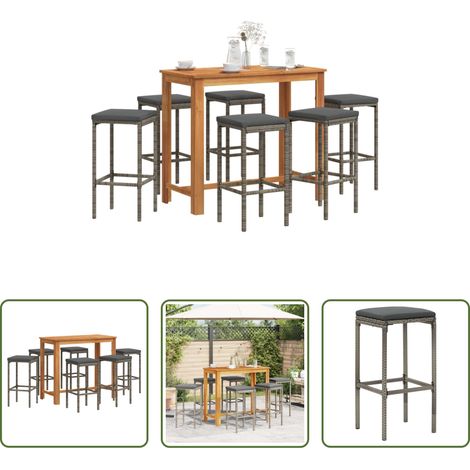 Gartenmöbel - 7-tlg. Gartenbar-Set Grau Massivholz Akazie und Poly Rattan (1/5)