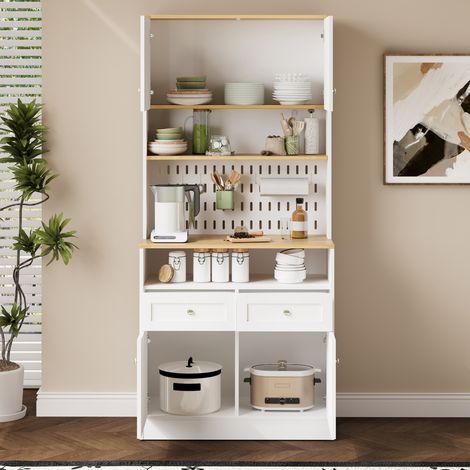 Buffet de cuisine 80x40x175 cm blanc et bois naturel en MDF avec portes coulissantes et panneau perforé (1/5)