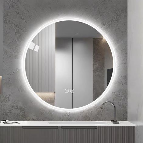 Miroir de salle de bains LED rond 80 cm, 3 températures de couleur, intensité réglable, anti buée, verre et métal argenté (1/5)