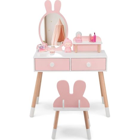 COSTWAY Kinder Schminktisch Set mit Kaninchen Design, 2-in-1-Frisiertisch mit Spiegel, 2 Schubladen & Aufbewahrungsregal, Schminkset mit Massivholzbeinen für Mädchen (Rosa) (1/5)
