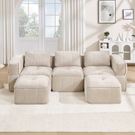 Divano a U 3 posti 271x162x67 cm in poliestere beige con 2 pouf modulari FloraGrace (1/5)