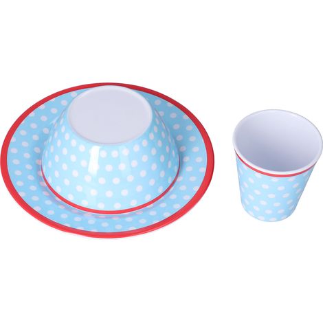3-teiliges Melamin-Geschirrset (Teller, Schüssel und Tasse) mit porzellanähnlicher Oberfläche, hellblau mit Punkten, Salatbesteck (1/5)