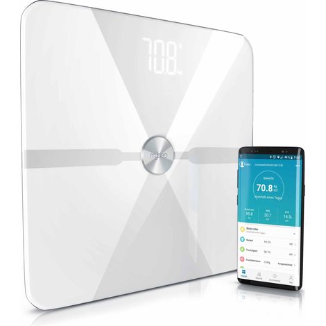MyBeo Körperfettwaage, Digitale Bluetooth Körper-Analyse-Waage, Diagnosewaage mit App-Steuerung, weiß