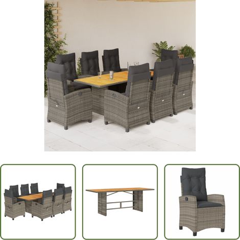 vidaXL Gartenstuhl -  9-tlg. Garten-Essgruppe mit Kissen Grau Poly Rattan (1/5)