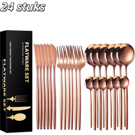 Ménagère 24 pièces rose or inox lave vaisselle 6 personnes fourchette couteau cuillère café service table (1/5)