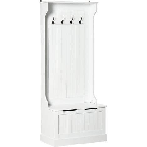 Appendiabiti da Terra Moderno 3 in 1 con 4 Ganci, Panca Contenitore e Attaccapanni, Salvaspazio Mobile da Ingresso, Corridoio, Camera da Letto in Legno, 71.5x39.5x170 cm, Bianco