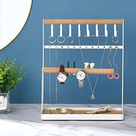 Porte-Bijoux Support 4 Niveaux Collier Suspendu Anneau en Bois Organisateur Boucle d'oreille Plateau Bracelets Bijoux Support décor de Table (1/5)
