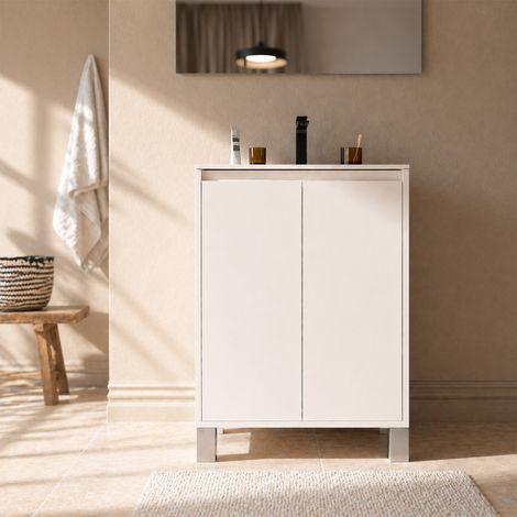 pack meuble salle de bains 50cm laqué blanc 2 portes avec vasque céramique blanche - xenos (1/5)