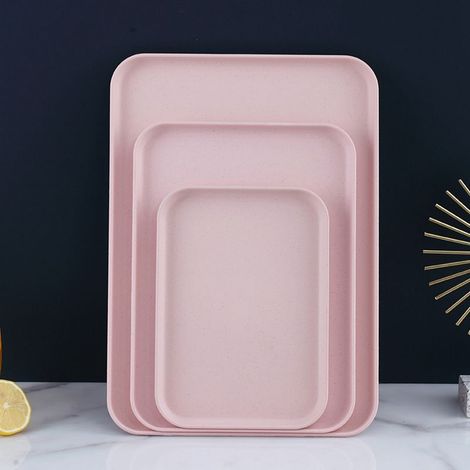 Plateau de service rectangulaire en paille de blé, style nordique, pour cupcakes, fruits ou snacks, idéal pour maison, bureau ou restaurant, couleur rose, dimensions 31x22,5 cm. (1/5)