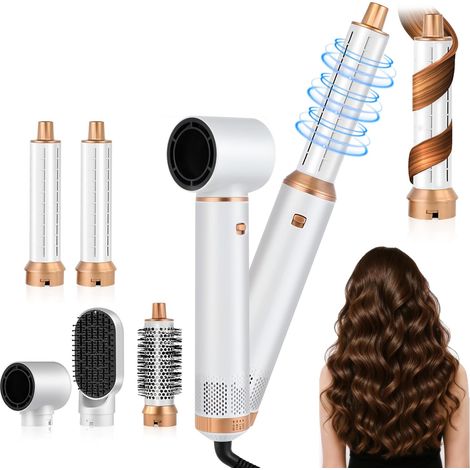 Spazzola ad aria calda Airstyler 5 in 1 da 1000 W con ferro arricciacapelli automatico, dispositivo multifunzionale per asciugare, lisciare, arricciare e volumizzare (Bianco) (1/5)