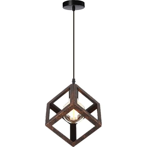 Modern Pendelleuchte e27 Metall Eisen Quadrat Hängend Pendelleuchte Schlafzimmer Wohnzimmer Hängelampe(Rostfarben)