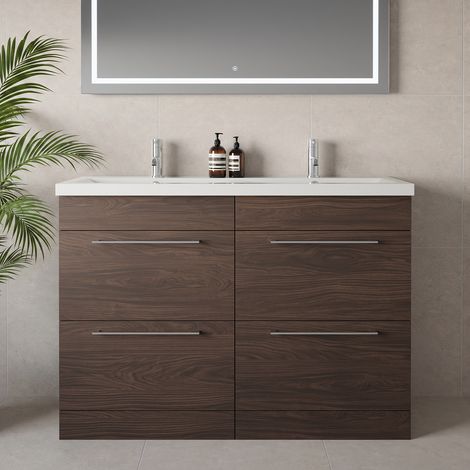 Napoli 390 Brown Oak 1200mm 4 Drawer Vanity Unit with Double Glide Basins - 1200mm - Chrome 320mm Handle