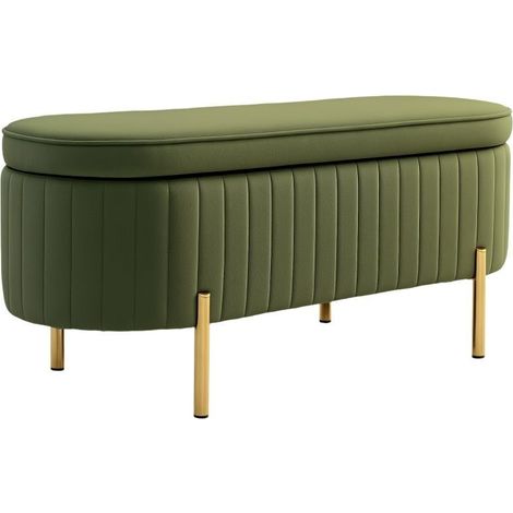 Banquette coffre à couvercle rabattable avec rangement, revêtement tissu, structure bois et métal, couleur vert foncé et doré